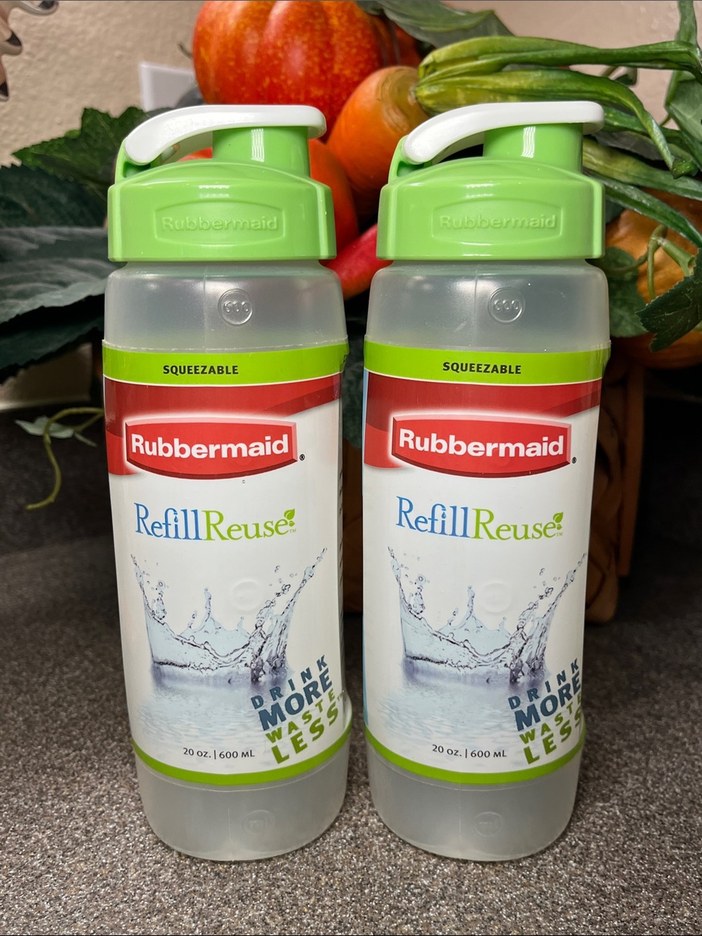 Rubbermaid RefillReuse Squeezable Water Bottles 20 oz. - Light Green Caps (Pair)
